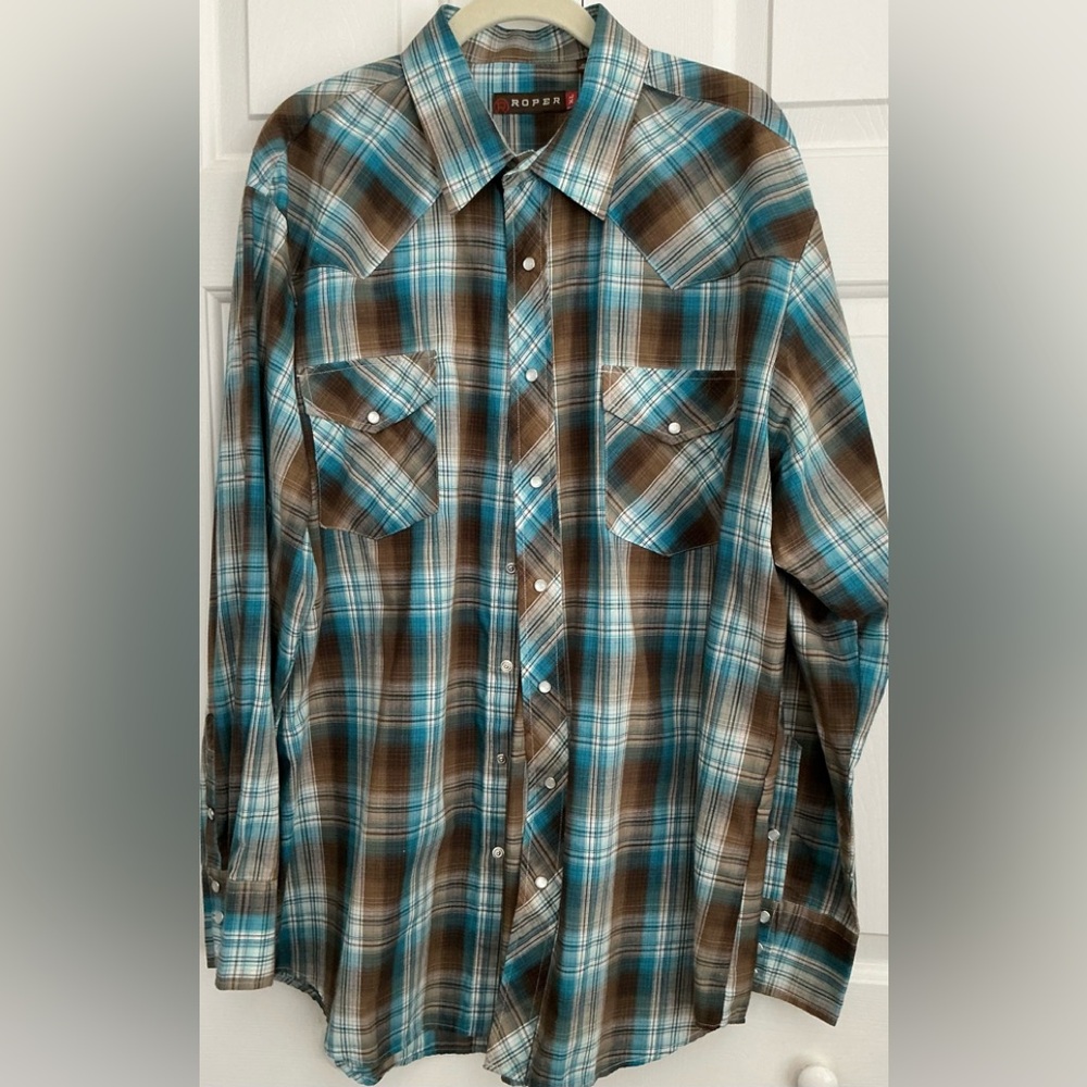 Roper Western Plaid Snap Shirt Men’s XL Brown Teal White Long Sleeve